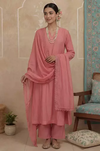 pink solid a-line design lining kurta trouser dupatta set