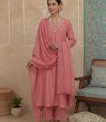 pink solid a-line design lining kurta trouser dupatta set