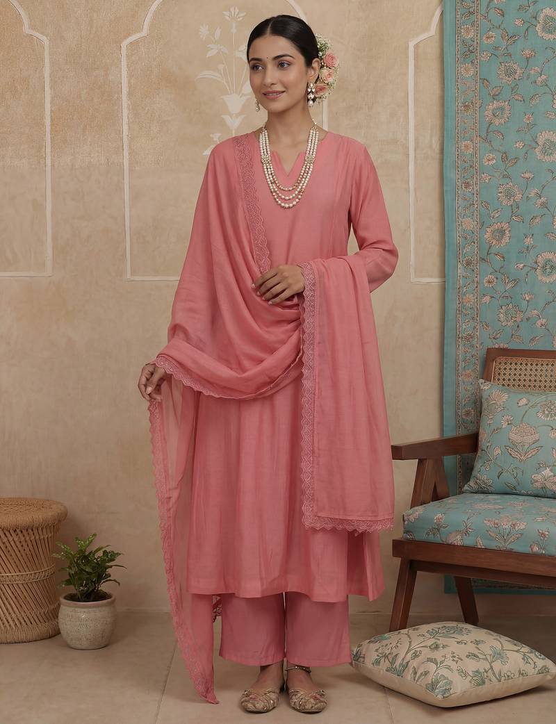 pink solid a-line design lining kurta trouser dupatta set