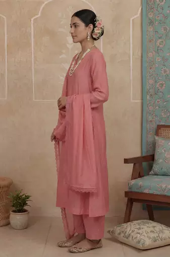 pink solid a-line design lining kurta trouser dupatta set