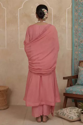 pink solid a-line design lining kurta trouser dupatta set