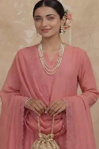 pink solid a-line design lining kurta trouser dupatta set