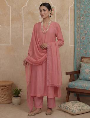 pink solid a-line design lining kurta trouser dupatta set 5