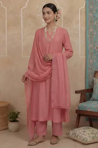 pink solid a-line design lining kurta trouser dupatta set