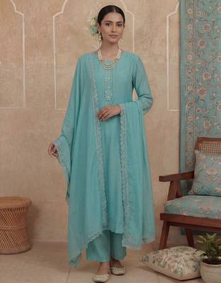turquoise blue solid a-line design lining kurta trouser dupatta set 1