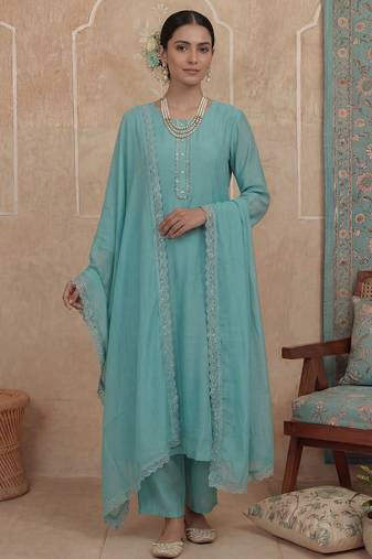 turquoise blue solid a-line design lining kurta trouser dupatta set
