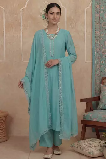 turquoise blue solid a-line design lining kurta trouser dupatta set
