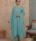turquoise blue solid a-line design lining kurta trouser dupatta set