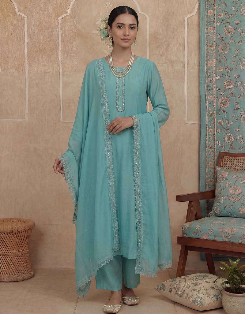 turquoise blue solid a-line design lining kurta trouser dupatta set