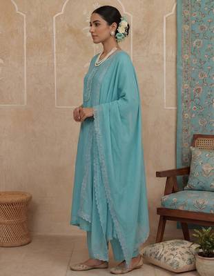 turquoise blue solid a-line design lining kurta trouser dupatta set 2