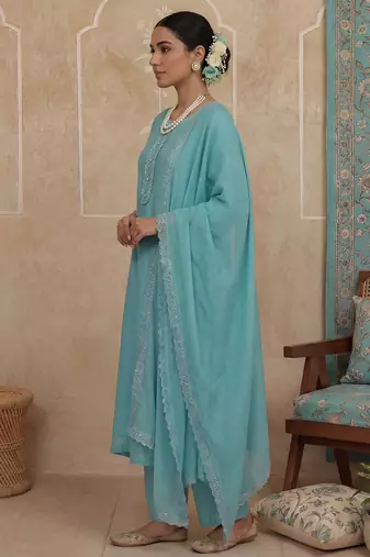 turquoise blue solid a-line design lining kurta trouser dupatta set