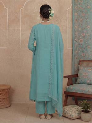 turquoise blue solid a-line design lining kurta trouser dupatta set 3