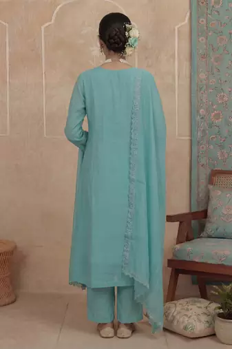 turquoise blue solid a-line design lining kurta trouser dupatta set