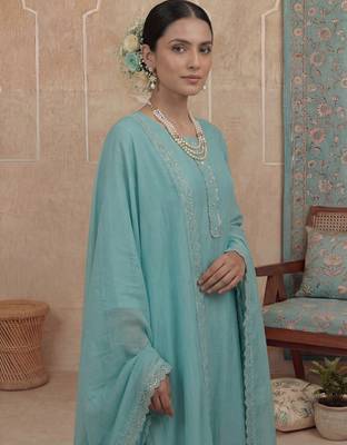 turquoise blue solid a-line design lining kurta trouser dupatta set 4