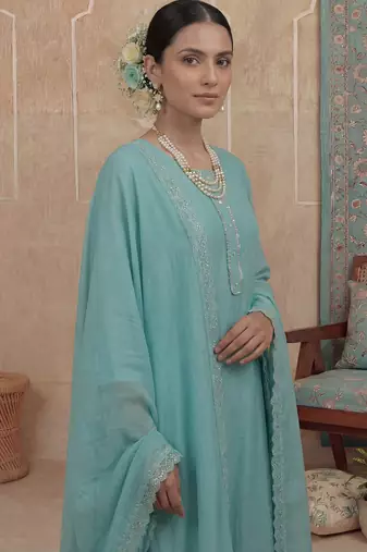 turquoise blue solid a-line design lining kurta trouser dupatta set