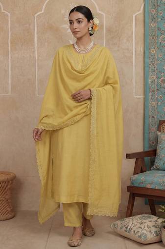 mustard solid a-line design lining kurta trouser dupatta set