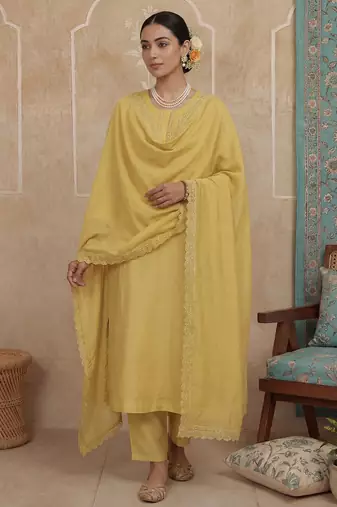mustard solid a-line design lining kurta trouser dupatta set