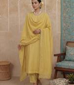 mustard solid a-line design lining kurta trouser dupatta set