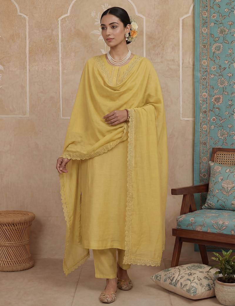 mustard solid a-line design lining kurta trouser dupatta set