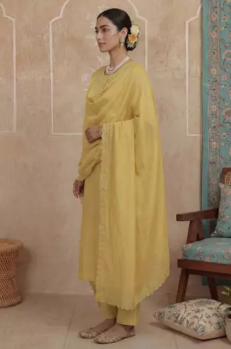 mustard solid a-line design lining kurta trouser dupatta set