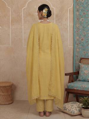 mustard solid a-line design lining kurta trouser dupatta set 3