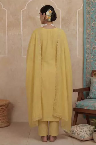 mustard solid a-line design lining kurta trouser dupatta set