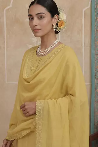 mustard solid a-line design lining kurta trouser dupatta set