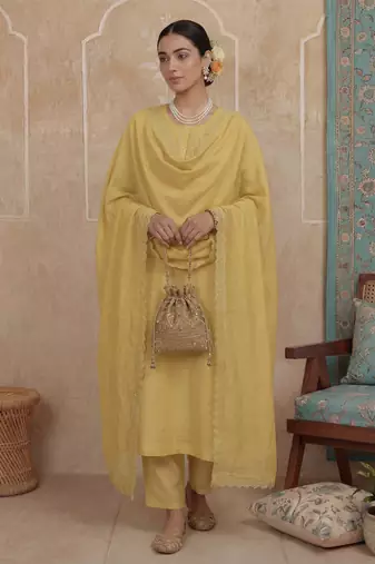 mustard solid a-line design lining kurta trouser dupatta set