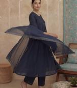 navy blue solid a-line front open button kurta lining kurta trouser dupatta set