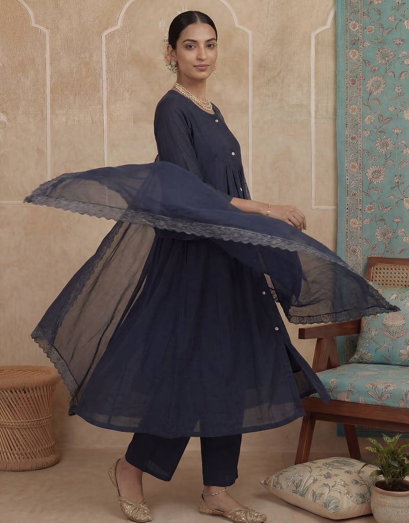 navy blue solid a-line front open button kurta lining kurta trouser dupatta set