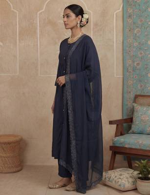 navy blue solid a-line front open button kurta lining kurta trouser dupatta set 2