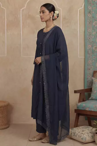 navy blue solid a-line front open button kurta lining kurta trouser dupatta set
