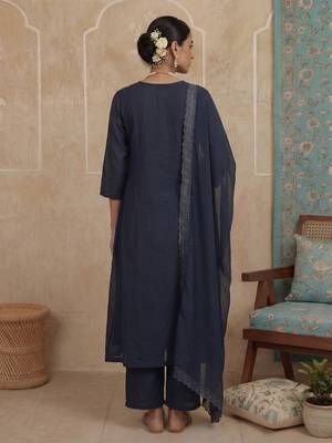 navy blue solid a-line front open button kurta lining kurta trouser dupatta set 3