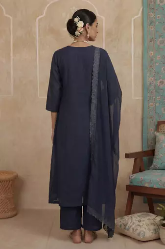 navy blue solid a-line front open button kurta lining kurta trouser dupatta set