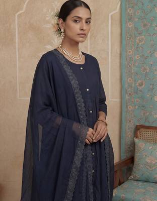 navy blue solid a-line front open button kurta lining kurta trouser dupatta set 4