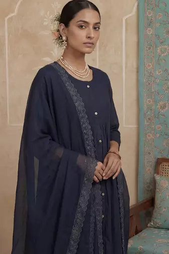 navy blue solid a-line front open button kurta lining kurta trouser dupatta set