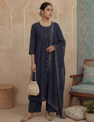 navy blue solid a-line front open button kurta lining kurta trouser dupatta set 5