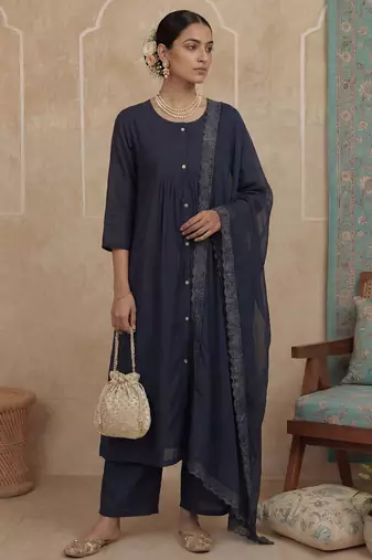 navy blue solid a-line front open button kurta lining kurta trouser dupatta set