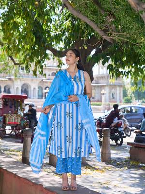 blue and white striped a-line design kurta trouser dupatta set 1