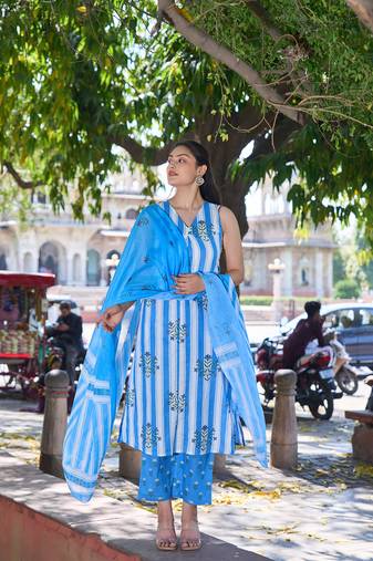 blue and white striped a-line design kurta trouser dupatta set