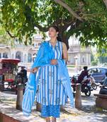 blue and white striped a-line design kurta trouser dupatta set