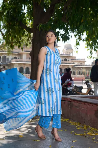 blue and white striped a-line design kurta trouser dupatta set