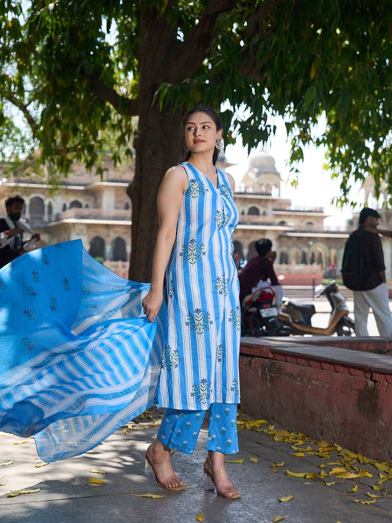 blue and white striped a-line design kurta trouser dupatta set