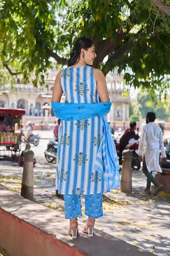 blue and white striped a-line design kurta trouser dupatta set