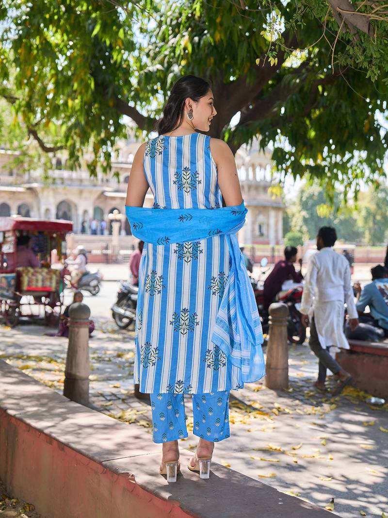 blue and white striped a-line design kurta trouser dupatta set