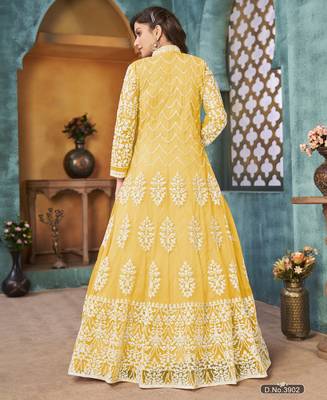 Yellow Cording Heavy Sequins Net Semi-Stitched Pant Style Gown 2