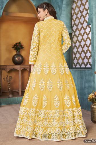 Yellow Cording Heavy Sequins Net Semi-Stitched Pant Style Gown