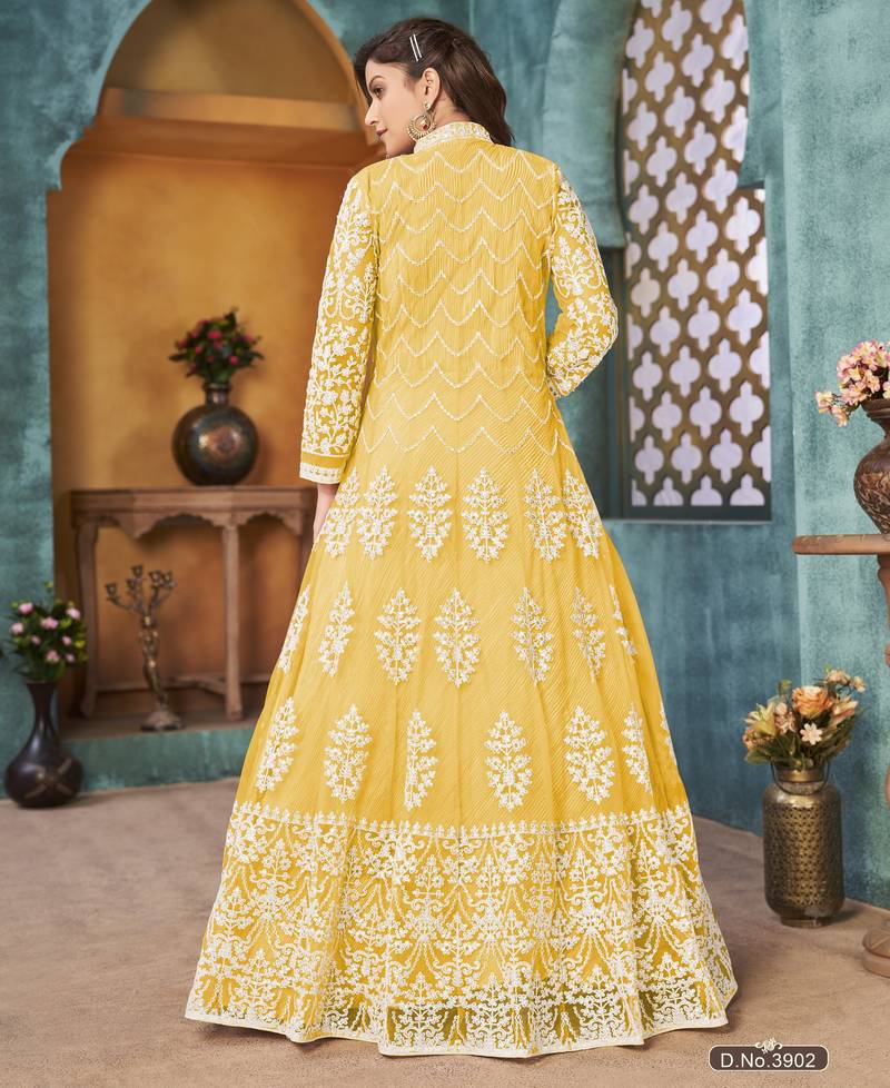 Yellow Cording Heavy Sequins Net Semi-Stitched Pant Style Gown