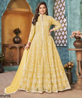 Yellow Cording Heavy Sequins Net Semi-Stitched Pant Style Gown 1
