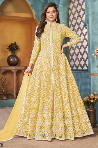 Yellow Cording Heavy Sequins Net Semi-Stitched Pant Style Gown